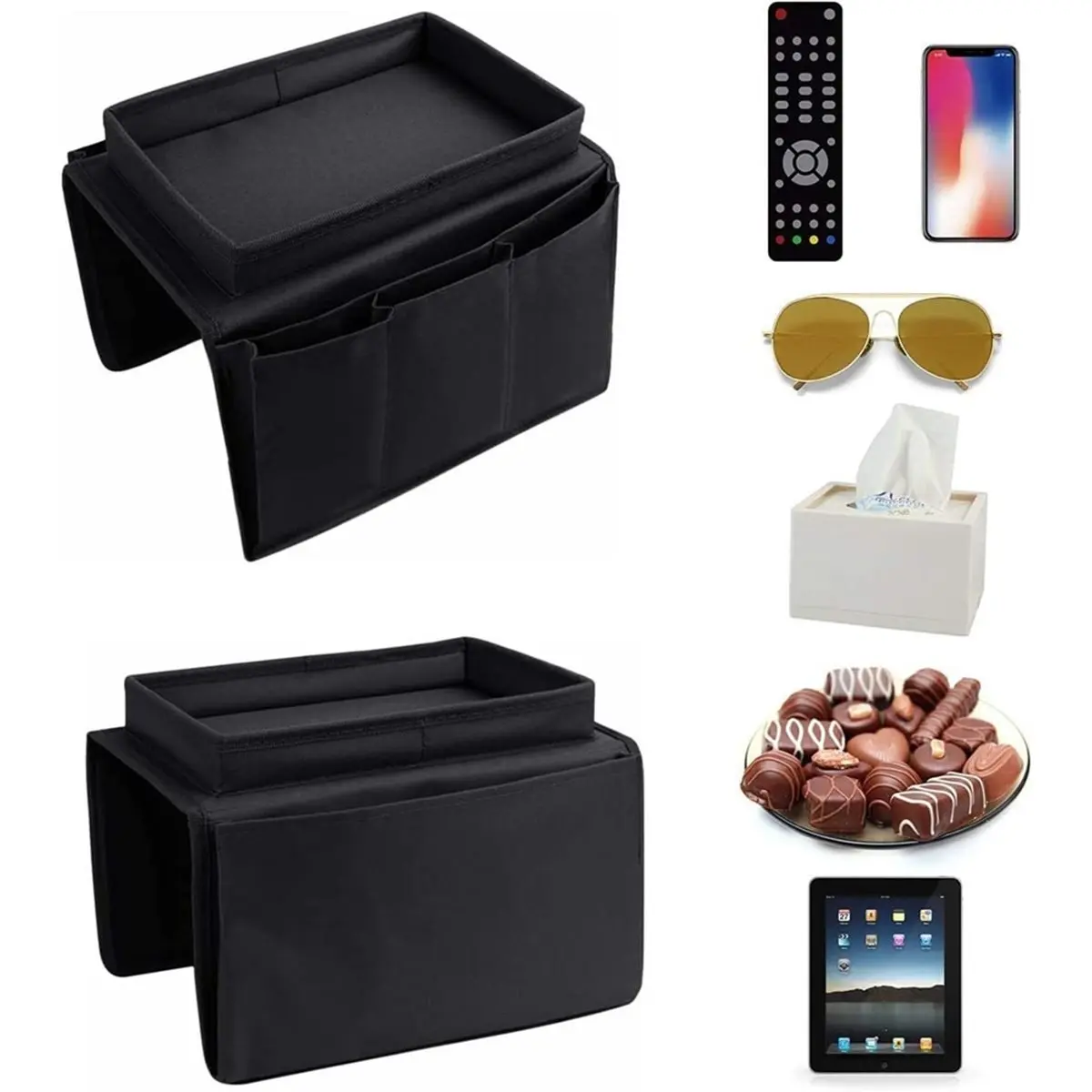 B21B Sofa Armrest Organizer with Cup Holder No-Slip Couch Sofa Armrest Organiser Couch Remote Caddy Control Holder (Black)