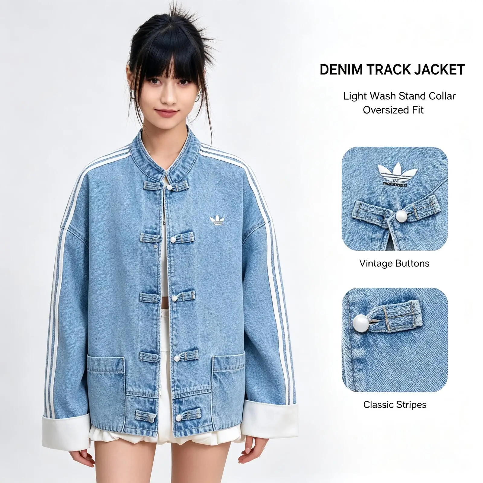 Adidas Originals NEW CHINESE JKT KY5743 Blue Denim Track Jacket Light Wash Stand Collar Buttoned Oversized