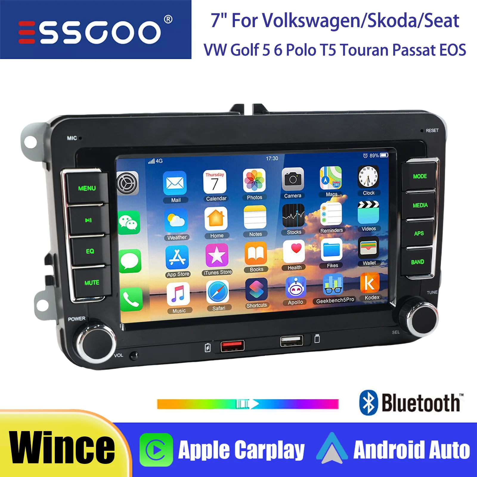 ESSGOO 7 inch Wince autoradio draadloze Carplay Android Auto voor VW Golf 5 6 Polo T5 Touran Passat Seat Skoda BT USB AM Mirror Link