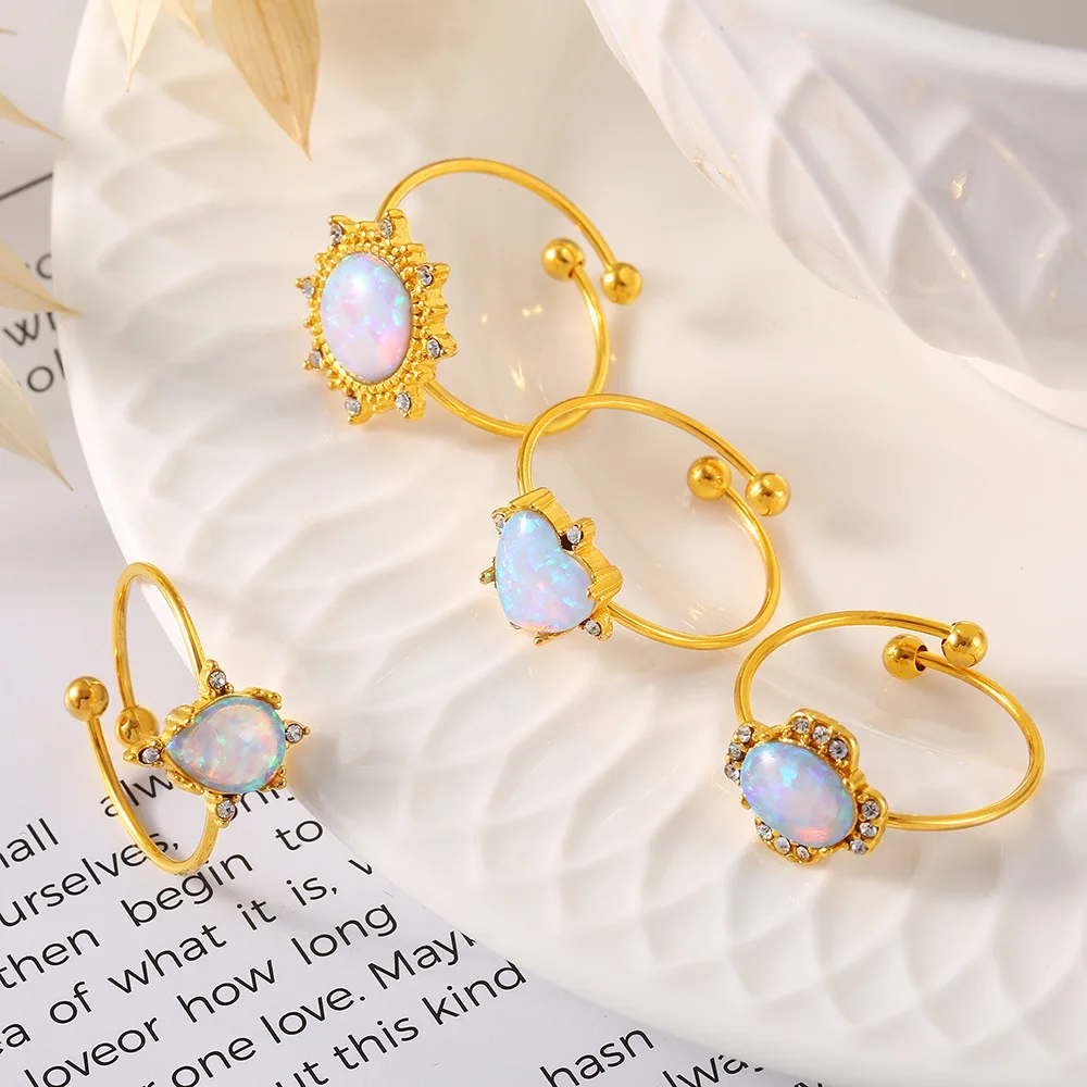 Fantasy Free Size Heart Sun Waterdrop Natural Opal Stone Rings For Woman Stainless Steel Gold Plated Waterproof Jewelry