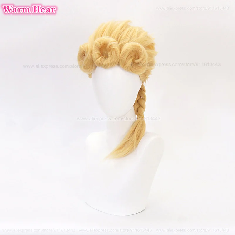 Giorno Giovanna Synthetic Wig Anime Long Golden Cosplay Anime Wig With Earrings Heat Resistant Hair Halloween Wigs  + A Wig Cap