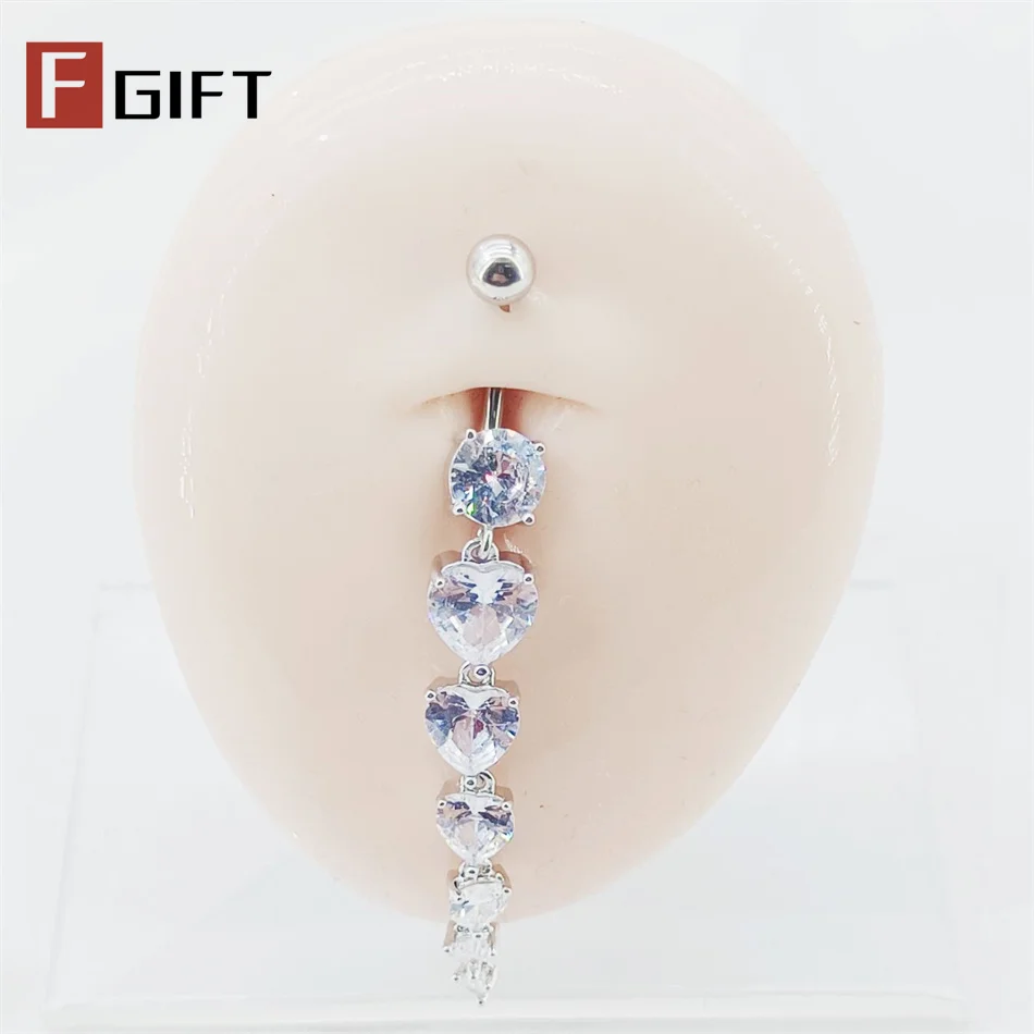 Silver Color Long Pendant Drop Navel Ring With CZ Heart 6-16mm Medical Titanium Curved Barbell 14G Belly Button Piercing Jewelry view 2