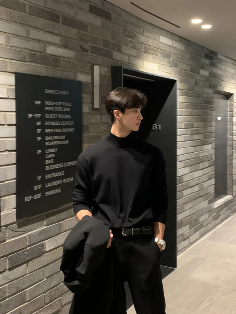 

Мужской трикотажный свитер Mature Ele с высоким воротником, облегающий, базовый слой, черный, осенне-зимний, вязаный