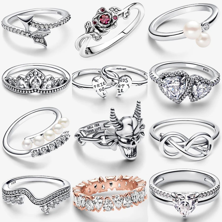 New 925 Silver Hot Selling Princess Crown Eternal Heart to Heart Pearl Shooting Star Open Ring Exquisite DIY Charm Jewelry Gift