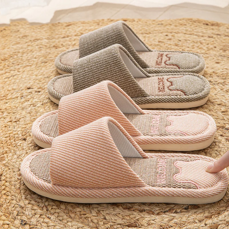 

Linen Slippers Indoor Home Breathable Women Men Slides Linen Couples Anti-slip Shoes Beach Sandals Shoes Comfortable Flats