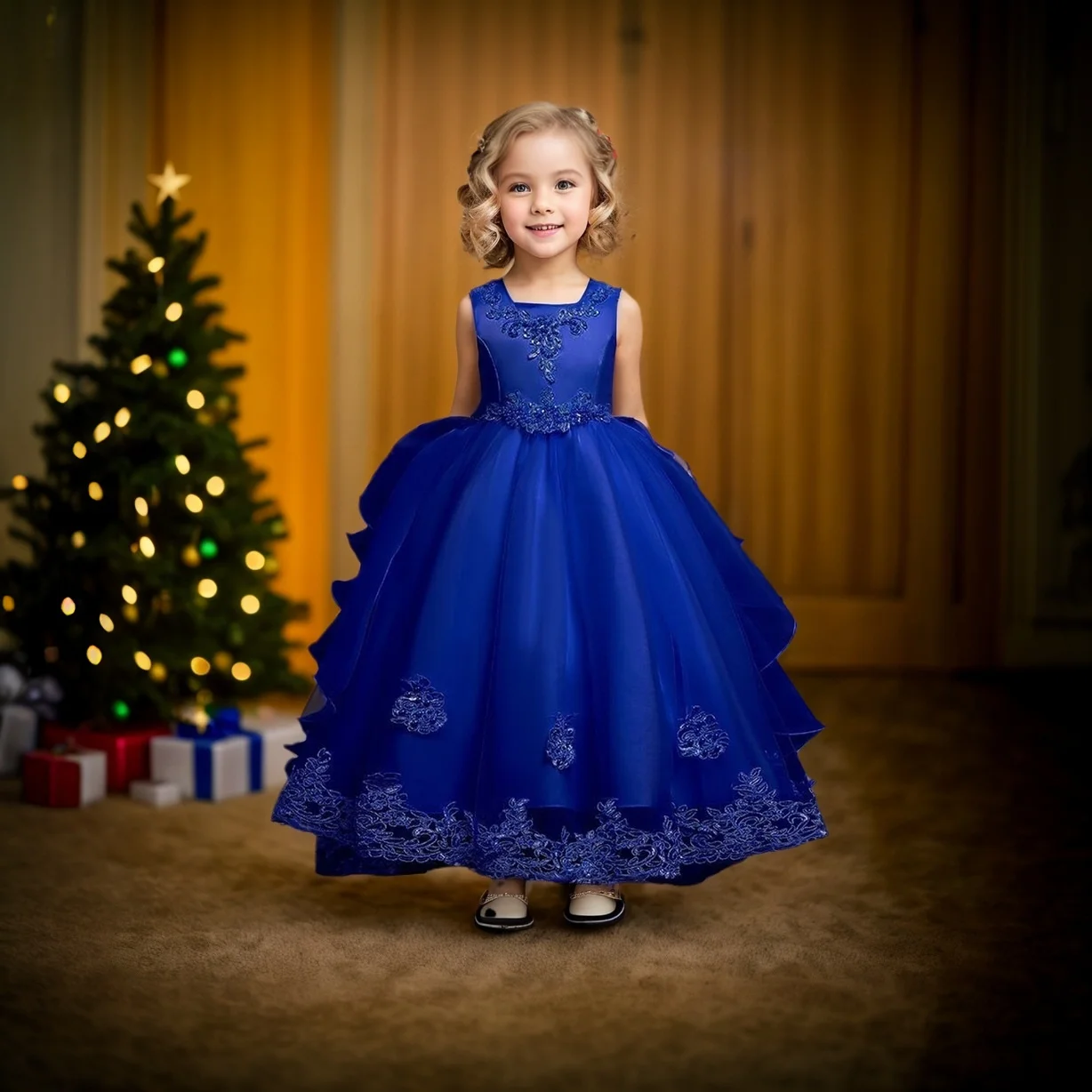 Tiered Ball Gown Baby Girl Birthday Party Christmas Dresses Children Girl Party Dresses Flower Comunion Gown Floor Length Dress