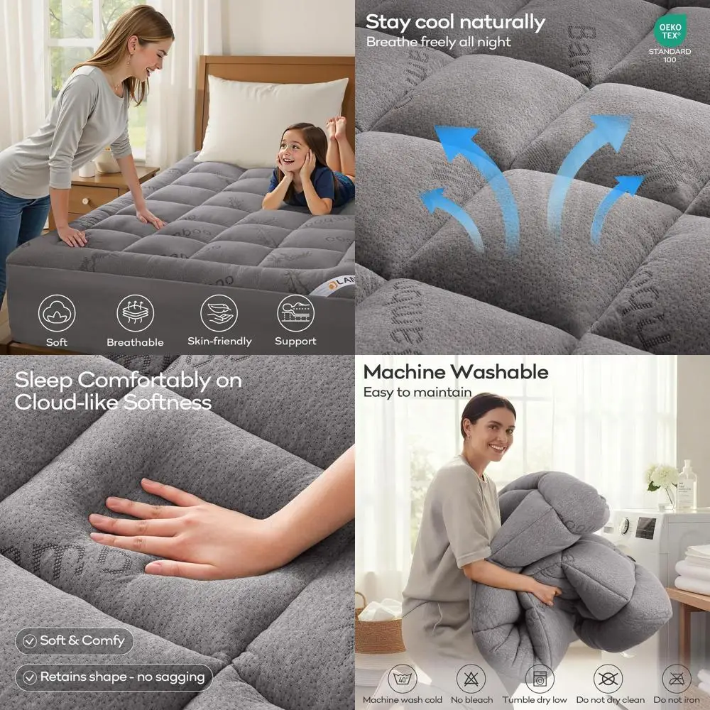 

Bamboo Viscose Twin Mattress Topper - Plush Cooling Pillow Top for Back Support, Elastic Fit, Light Gray