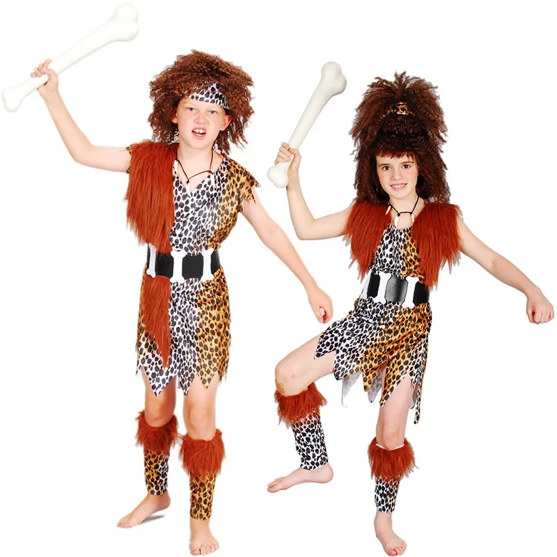 Indians Outfit Primitive People Halloween Costumes For Boy Gilr Kids Family Clothing Performance Show Fancy Party