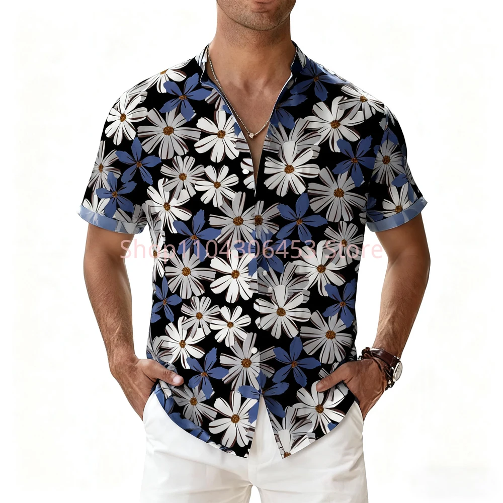Men's 10-color Leaves Flowers Big Red Big Green 3D Printed Short-sleeved Lapel Hawaii Beach Party Thin Breathable Casual Shirt