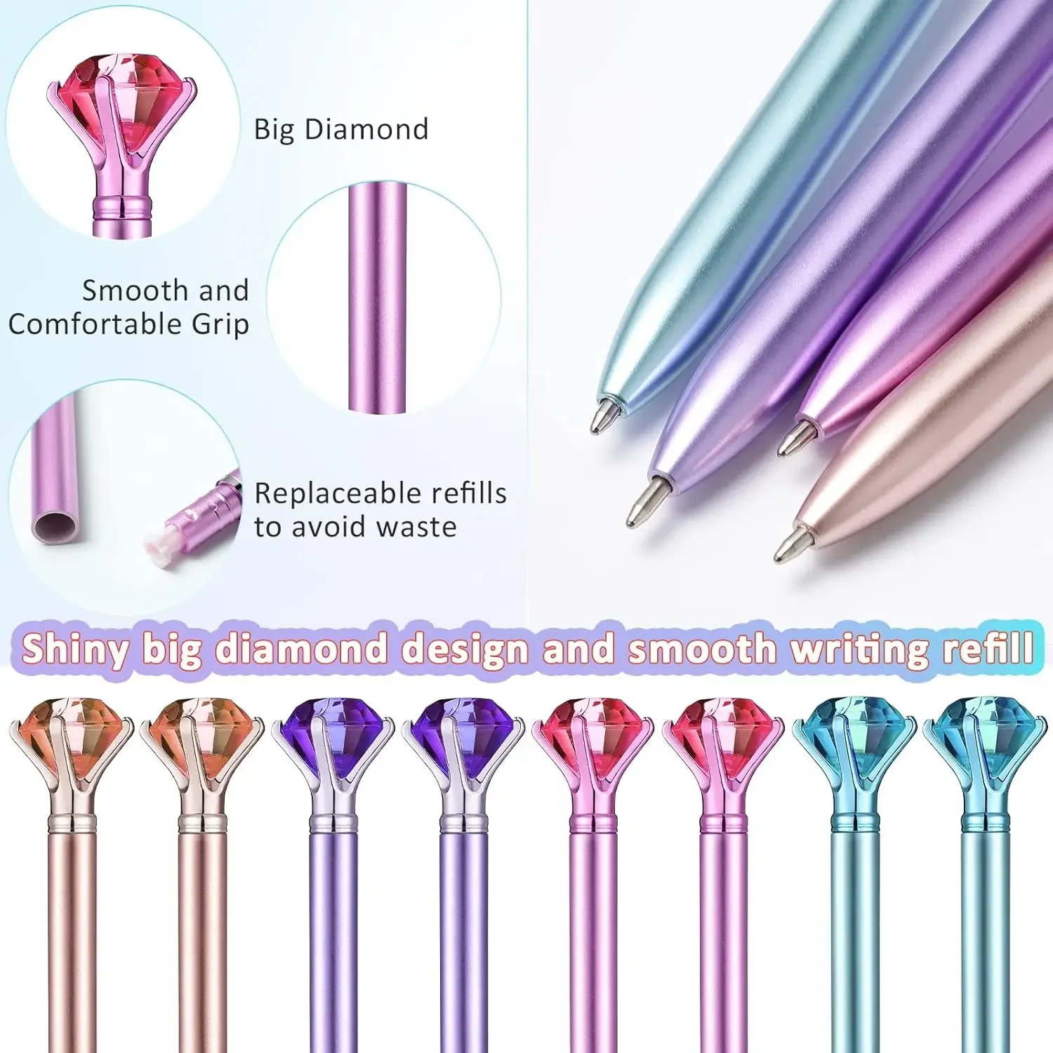 24 Pieces Big Crystal Diamond Pens Bling Ballpoint Pen Black Ink Rhinestones Pen , 4 Colors(Simple Style)