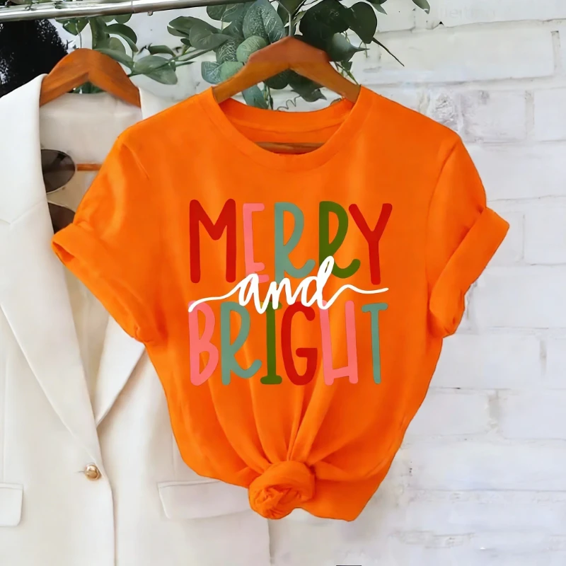 Merry and Bright Letter Print T-Shirt Sleeve Crew Neck Casual with Red Green Holiday Design Aesthetic Clothes Unisex T-shirt