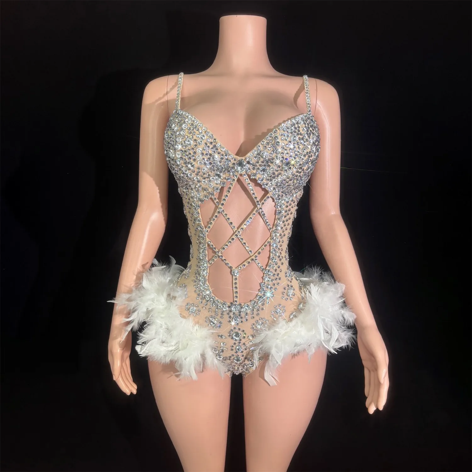 

Women Luxury Rhythmic Gymnastics Leotards Bling Bling Glitter Diamonds Cut Out Bodysuit With White Feathers Nightclub Costumes