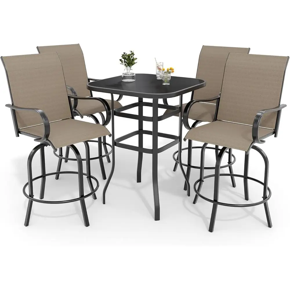 

Набор для уличного бара из 5 предметов: вращающиеся бистро-стулья и высокий стеклянный стол