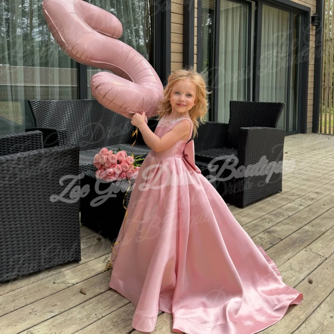 Pink Satin Sleeveless Flower Girl Dresses Beaded Neck Big Bow Back for Wedding Birthday Dresses First Communion Gowns Customized