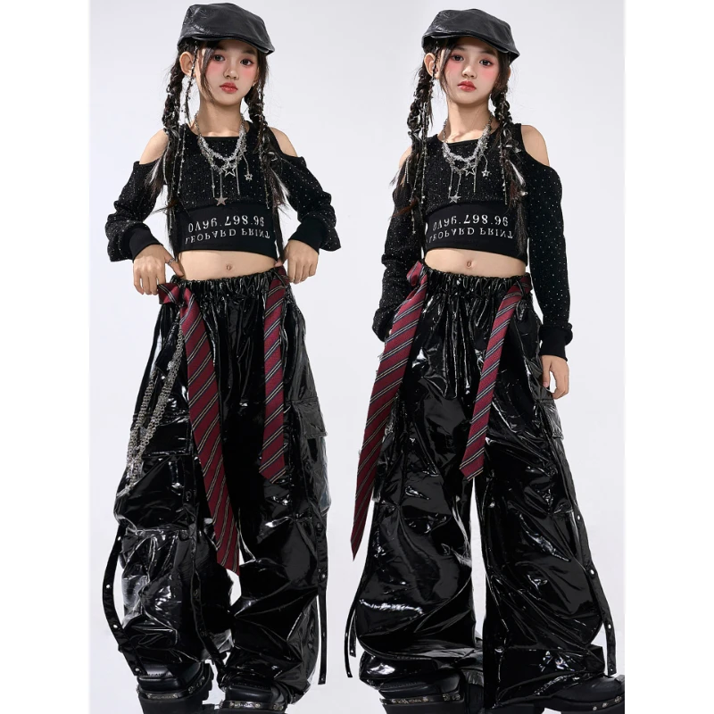 ชุดเต้นแจ๊สปี 2025 สำหรับเด็กผู้หญิง เสื้อเลื่อมสีดำ กางเกงหนัง ชุดแสดง Kpop ฮิปฮอป ชุดเดินแบบบนเวที BL17327