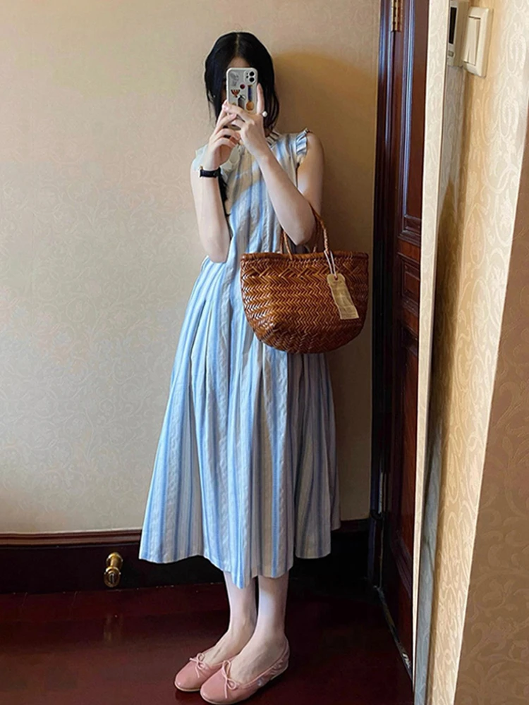 

2024 New Summer Fashion Stripe Design Tank Top Skirt Sleeveless Round Neck Dress Summer Casual Loose Long Dress Women's L196