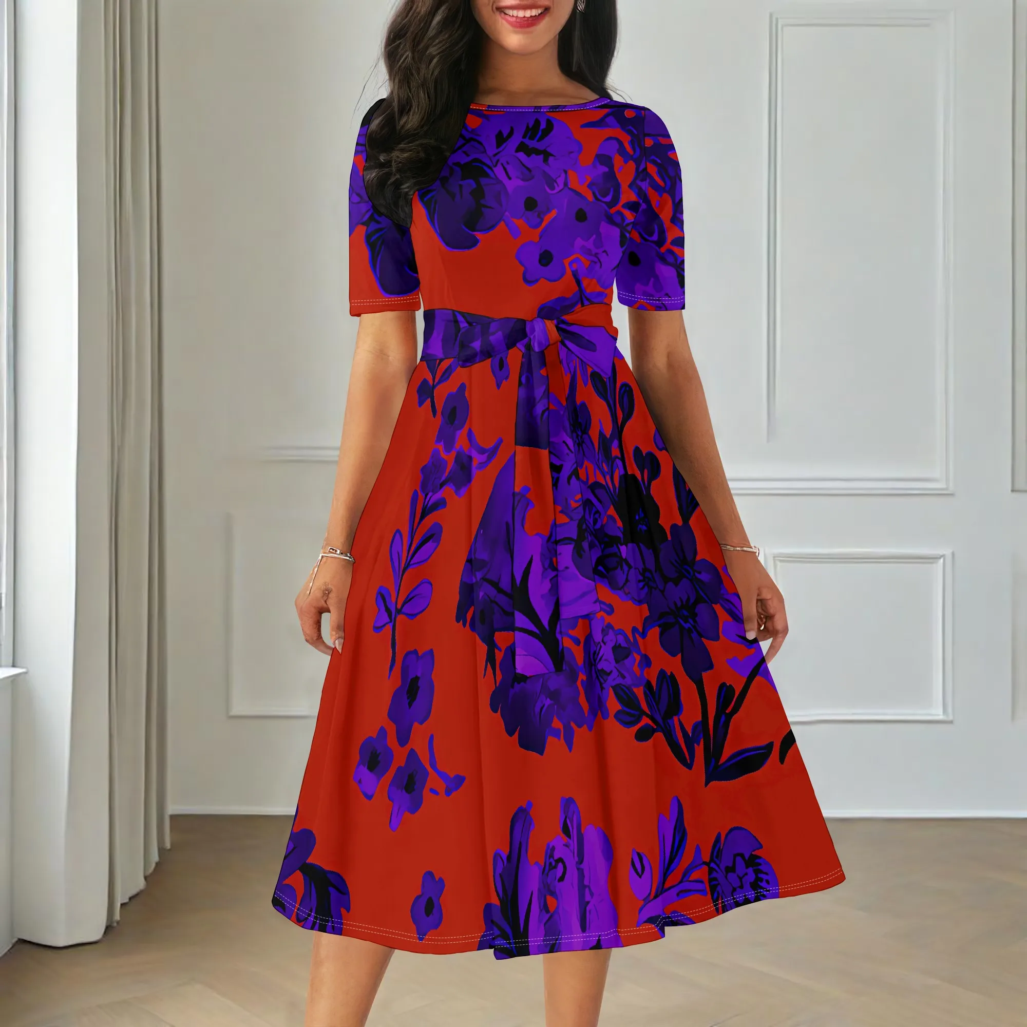 

Women's Summer Fashion Printed Short Sleeve Splits On Both Sides Maxi Dress for sBlack Style Short Sleeve Pocket Dress