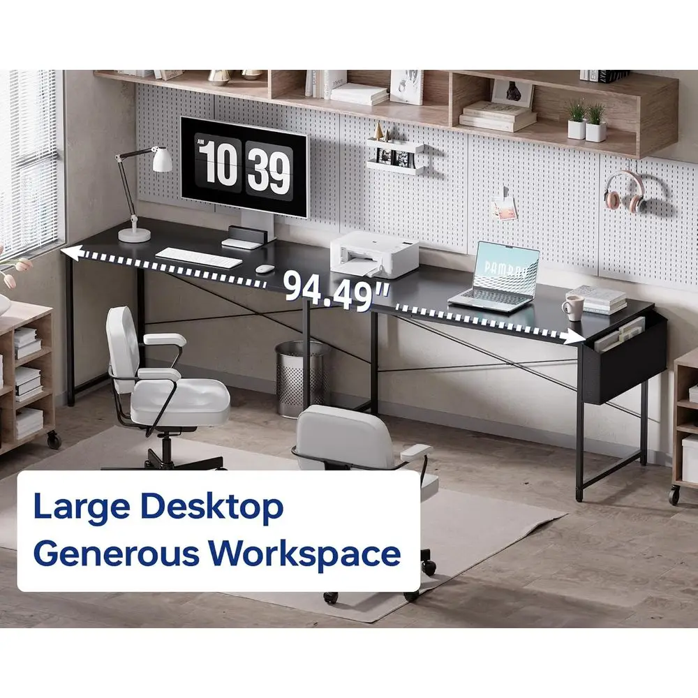 مكتب ألعاب زاوية كبيرة، 64.5 قابل للعكس على شكل حرف L مع مساحة تخزين، أسود للمكتب المنزلي، الكتابة، الدراسة