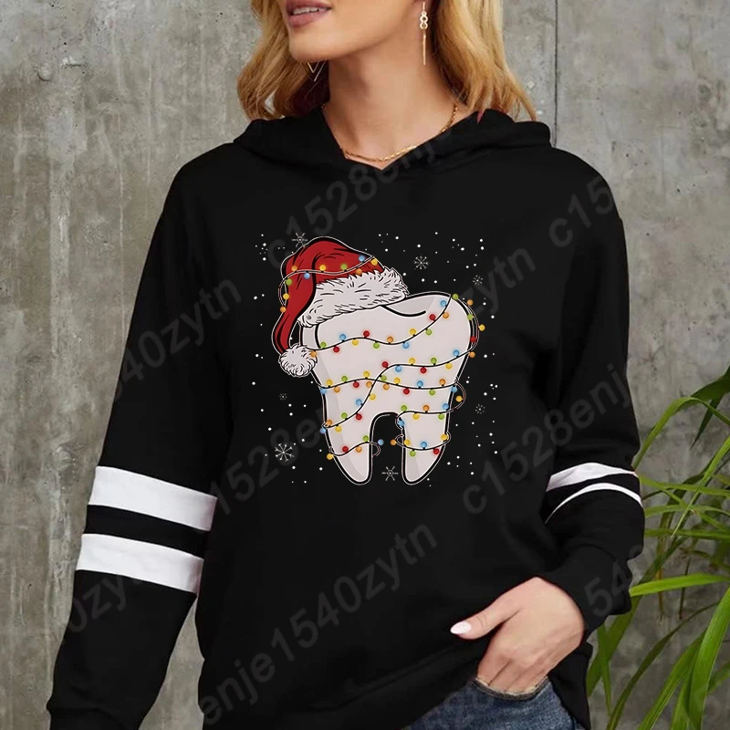 Fashion Christmas Teeth Graphic Hoodies Fall & Winter Hooded Pullovers Women Casual Sport Outdoor Pocket Long Sleeve Sweatshirts