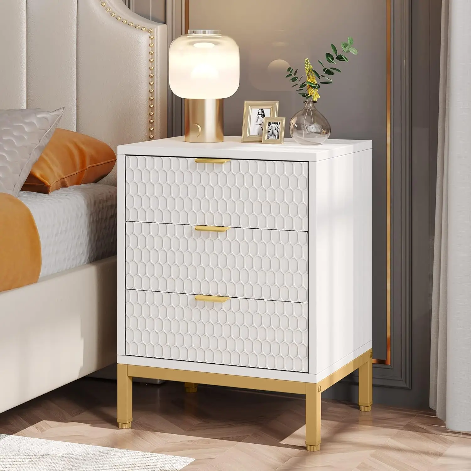 

Modern Nightstand,Tall Bedside Table with 3 Drawers, Contemporary End Side Table with Storage for Bedroom, Living Room, White