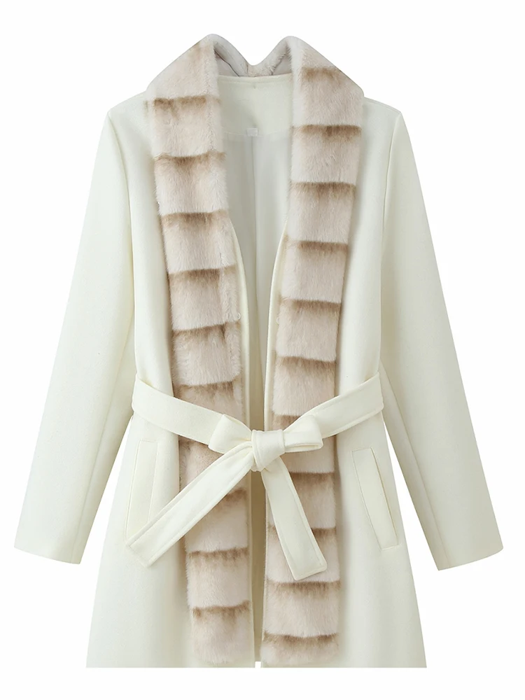 Women Woolen Jacket Coat 2025 Winter New Fashion Fur Collar Solid Color Long Sleeve With Belt Coat Female Chic Leisure Outerwear