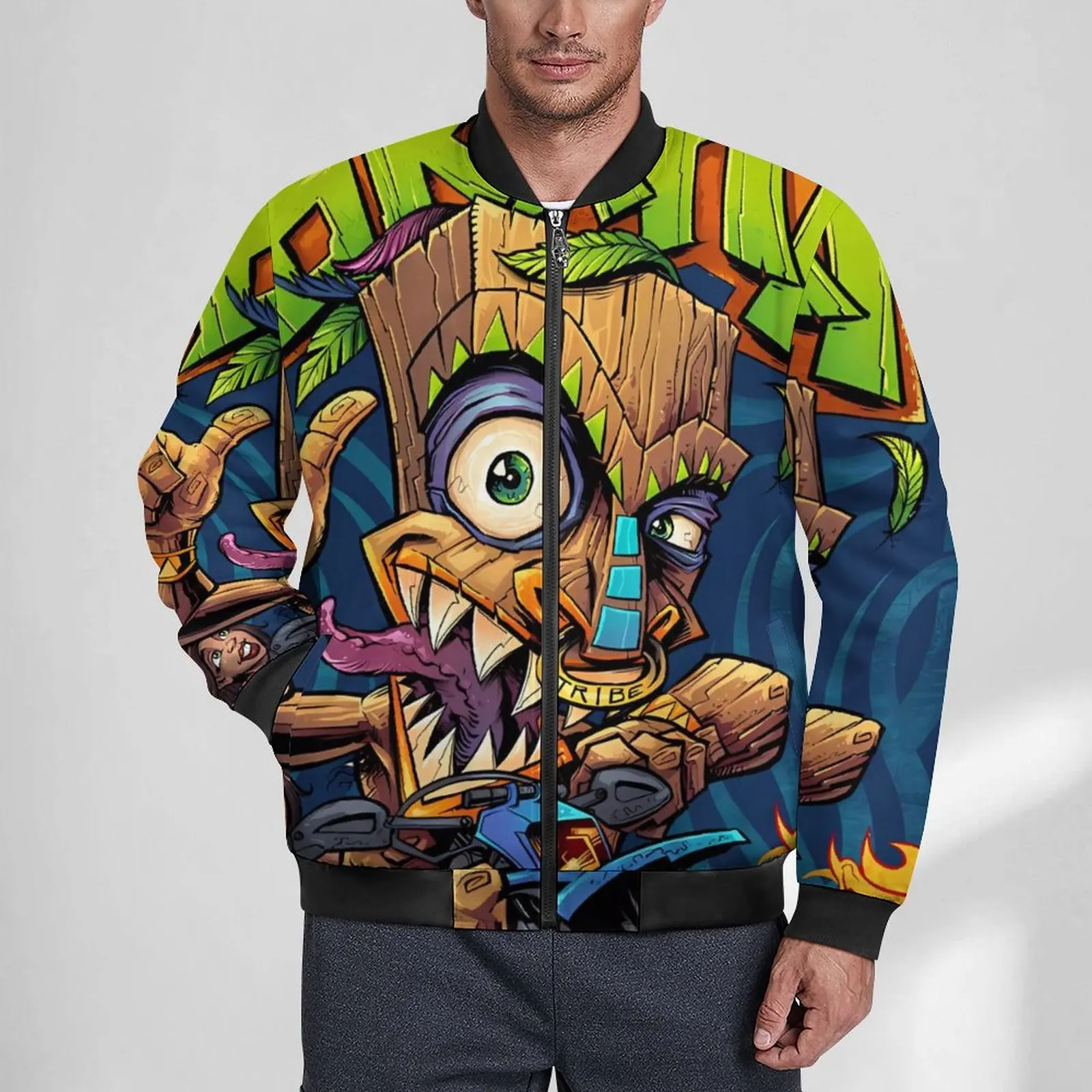 Tropical Tiki Mask Jackets Winter Tiki Man Motocross Rider Aesthetic Casual Coats Men Loose Windbreakers Design Oversize Jacket