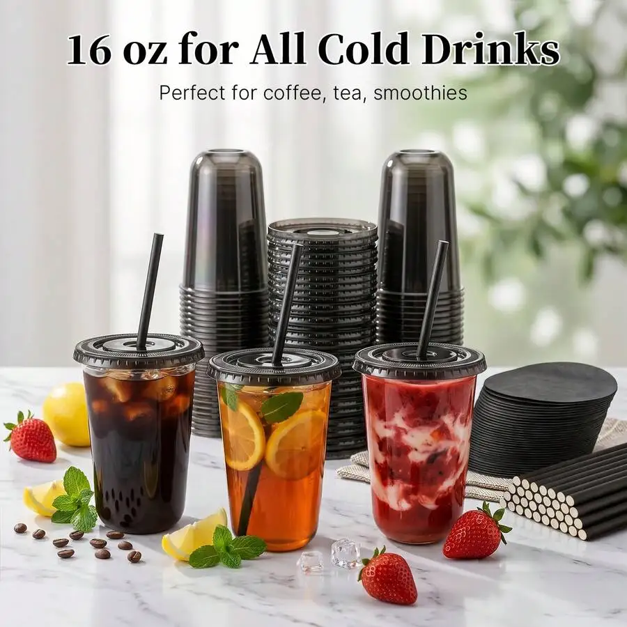 50 Pack 16oz Clear Plastic Cups With Lids, Paper Straws & Seal Sheets, Disposable Drink Cups, Sturdy Cold Cups For Iced Coffee,