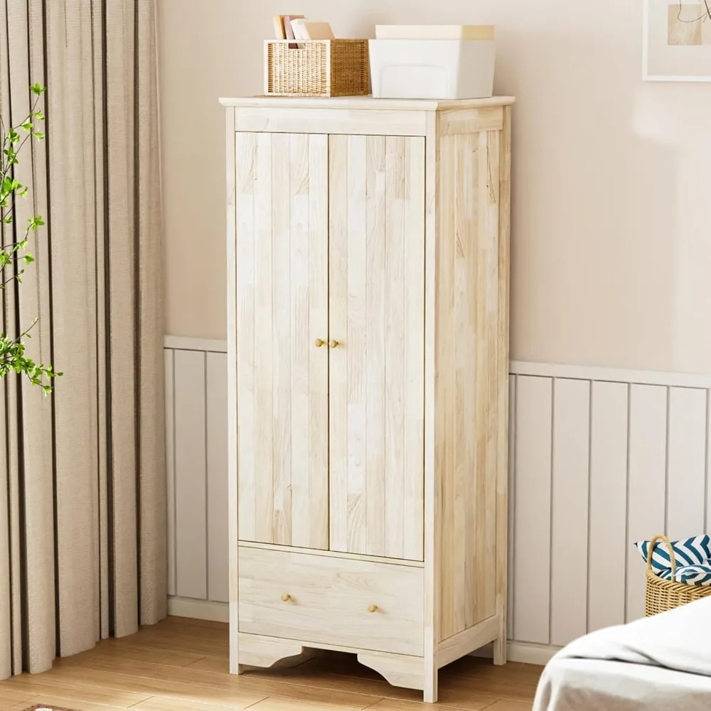 

Solid Wood Wardrobe Closet, Unfinished Wood Armoire Color DIY, Natural Rubber Wood Wardrobe Closet with Doors and Drawers