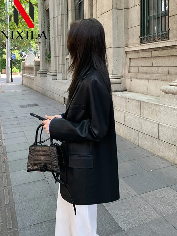 New in Spring Autumn Fashion Elegant Pu Coat Lapel Office Luxury Jacket Long Sleeve Tops Formal Blazers Slim Fit Flap Pockets