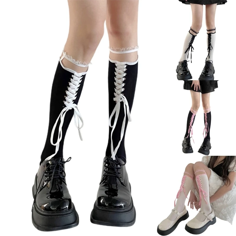 

Womens Ballet Style Ribbon Bandage Stocking Openwork Lace Striped Hollows Suspenders Midi Long Knee Length Sock