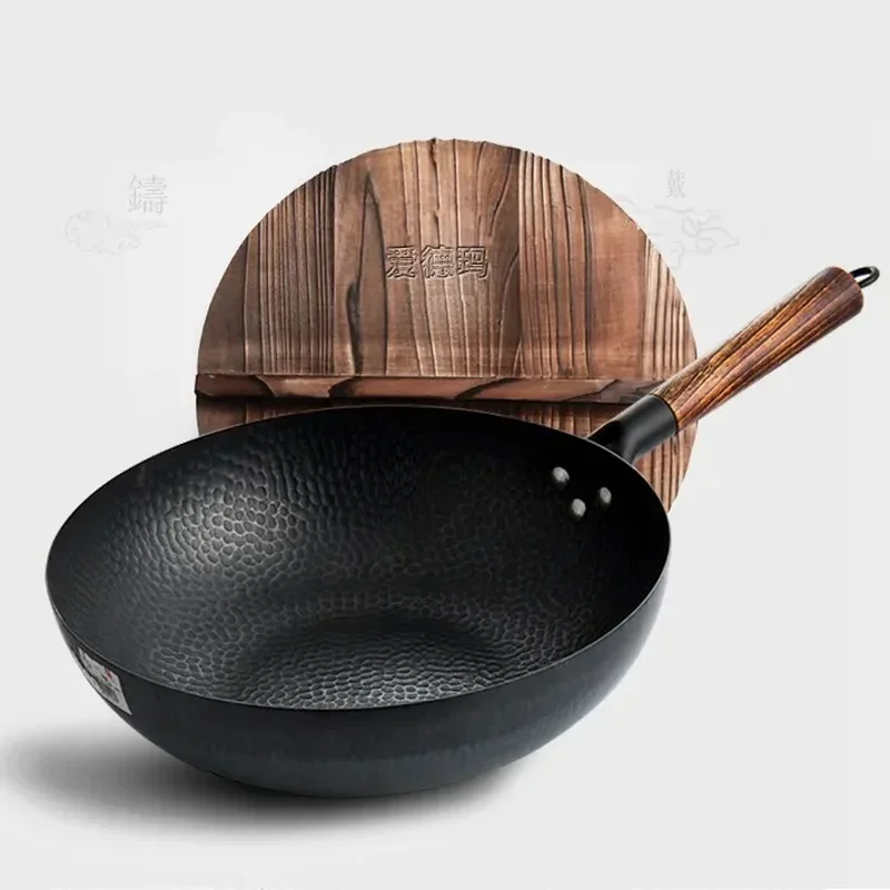 32cm Chinese Traditional Handmade 100% Iron Wok Thickening Non Coated Round Bottom Pan Wok Cook Large Cooking Pot with Wood Lid