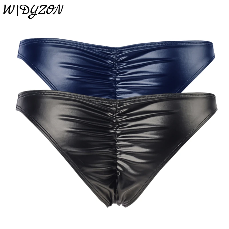 2pcs Men Butt-Lifting Bikini Briefs Underwear Sexy Pouch Male Mini Panties Cuecas Faux Leather Gym Underpants Exotic Hombre Slip
