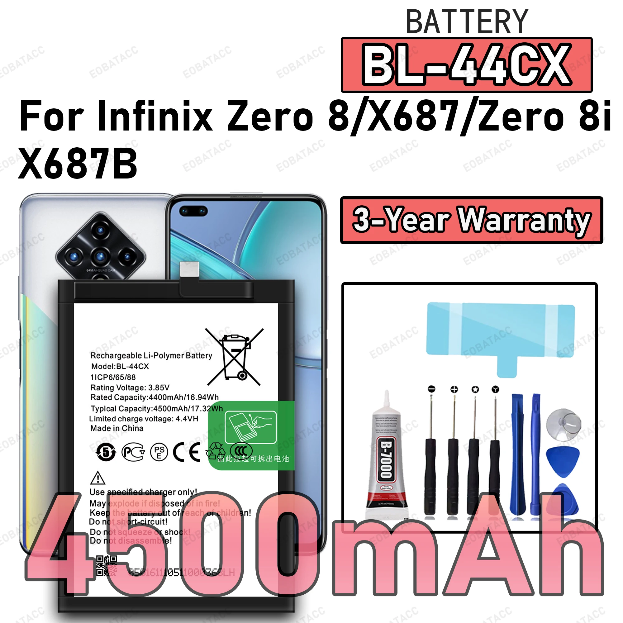 

100% New Zero Cycle BL-44CX Battery For Infinix Zero 8/X687/Zero 8i/X687B Replacement Bateria +Free Tools