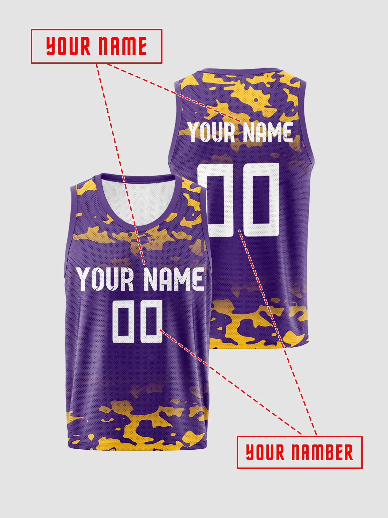 Purple‑gold Camouflage Gradient Custom Basketball Jersey for Adults & Kids, Breathable Mesh, Custom Name‑Number Printing