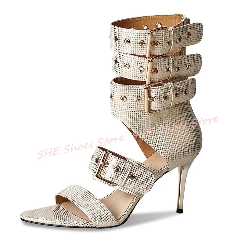 

Punk Rivet Belt Buckle Summer Cool Boots for Women Peep Toe High Heels Narrow Band Sandals Ladies Party Dress Pumps