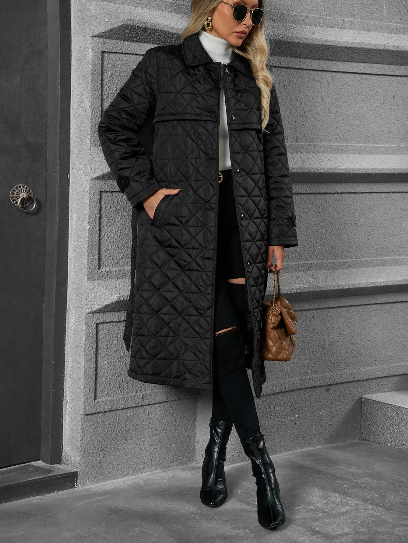 Giacca lunga da donna in cotone autunno e inverno con cintura, bottoni neri, cappotto versione coreana, griglia di diamanti alla moda