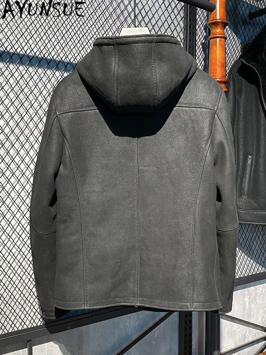 AYUNSUE معطف الفرو الطبيعي رجل الخريف الشتاء مقنعين الشتاء 100% حقيقية جلد الغنم سترة الرجال عادية معاطف الفراء الأسود الحقيقي #2