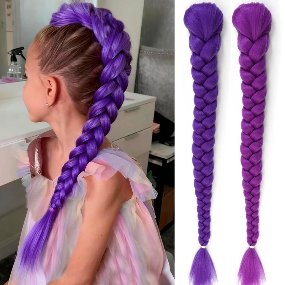Synthetischer geflochtener lila Haar-Pferdeschwanz, Rumi-Kostüm-Frisur, 66 cm langer Pferdeschwanz mit Clips für Kinder, Mädchen, Halloween, Weihnachten
