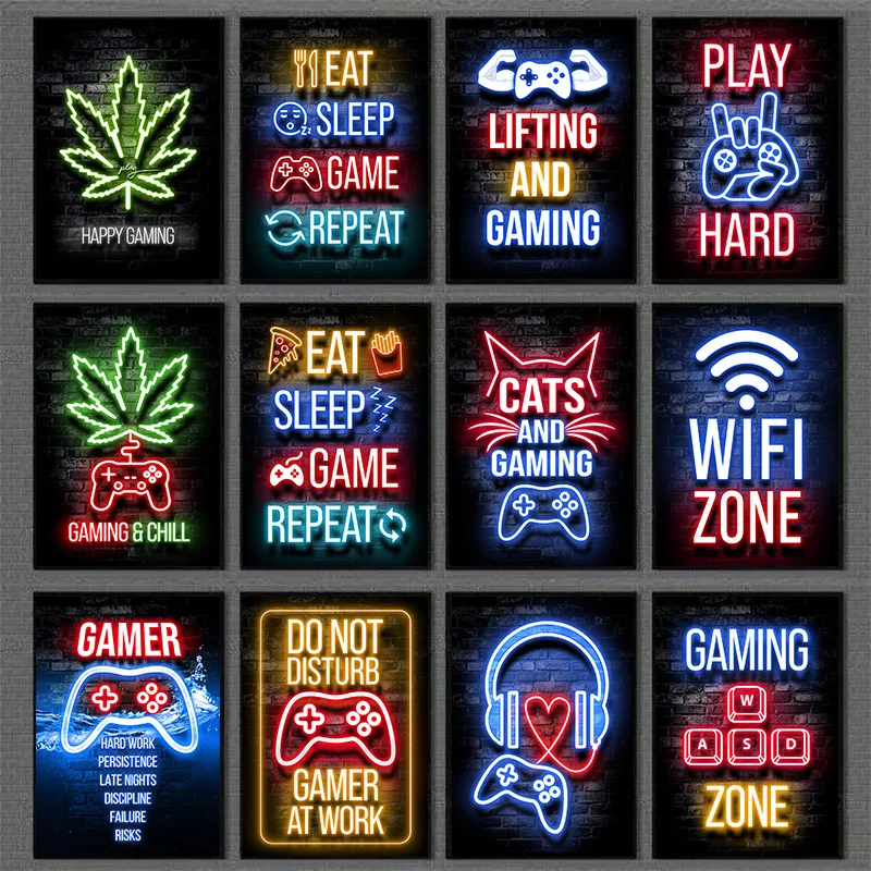 Gaming Wall Art Sleep Game Repeat Poster Prints Gamer Canvas Painting Canvas Picture For Kids Boys Room Decor Playroom Framel