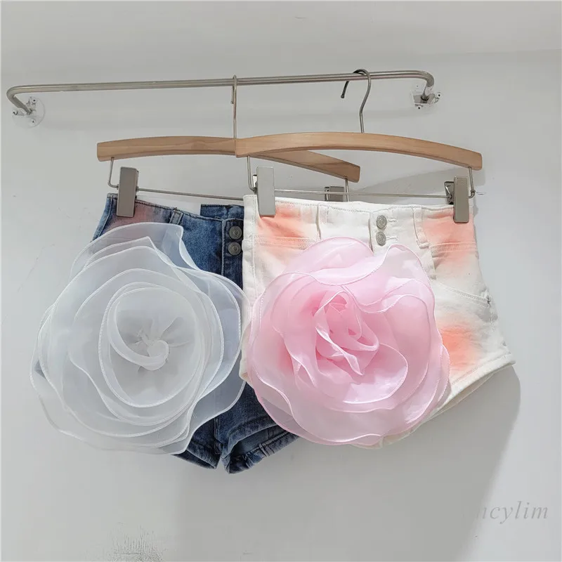 Three-Dimensional Flower Design Hot Girl Stretch Denim Shorts Women's Slim Hot Pants Skinny 2024 New Low Waist Shorts Street