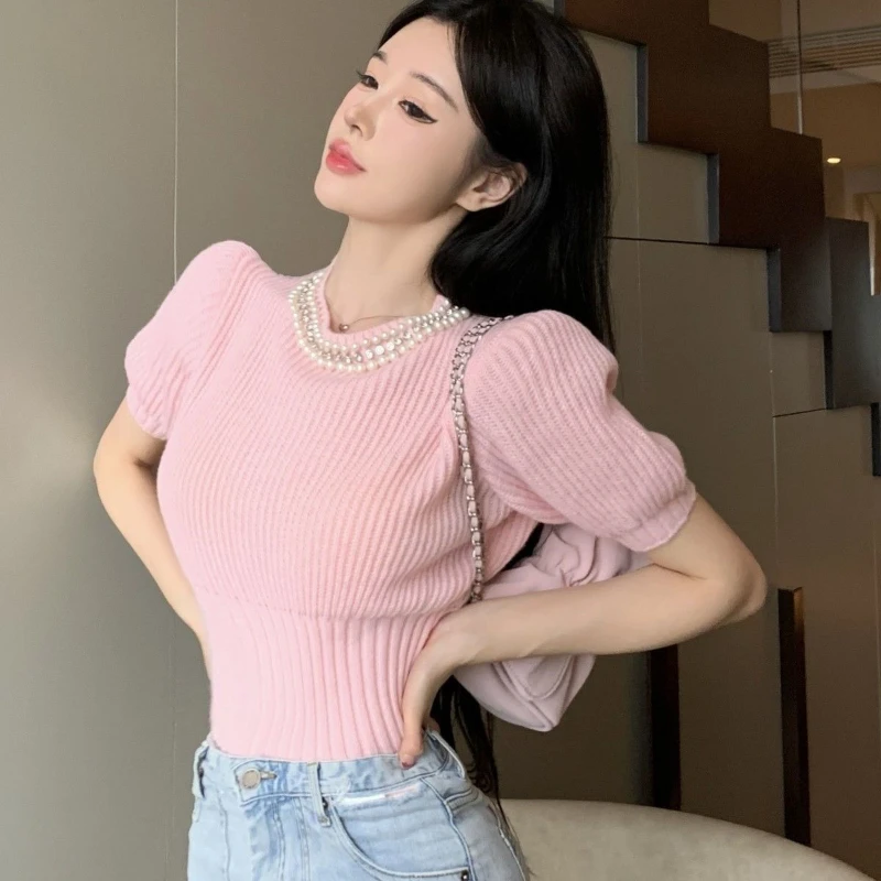 Pullovers Women Pink Puff Sleeve Solid All-match Pearls Sweet O-neck Autumn Slim Fashion Ulzzang Preppy Style Popular Casual New