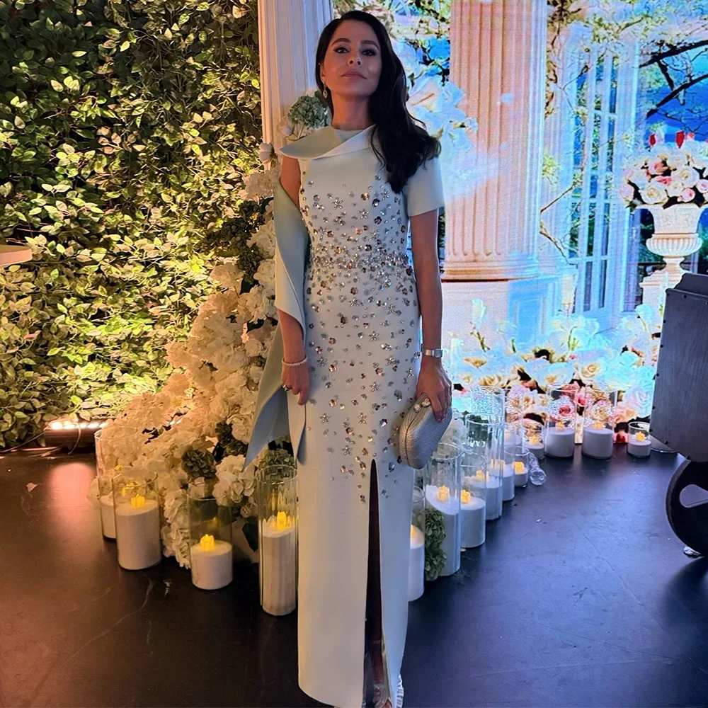 

Luxurious Evening Dresses Sequined Beading Crystal O Neck Column Formal Party Gowns for Women 2025 Satin Side Split Evening Gown