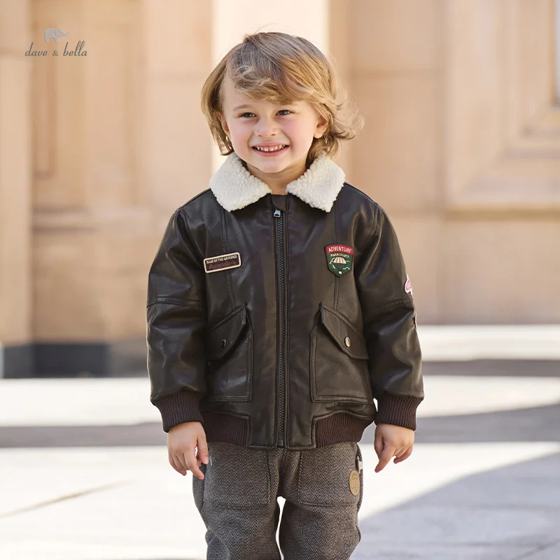 Dave Bella Children's Thick PU Leather Coat Boys' Clothing 2024 Winter Brown Turn-Down Collar Warm Loose Zipper Jacket DB4243351