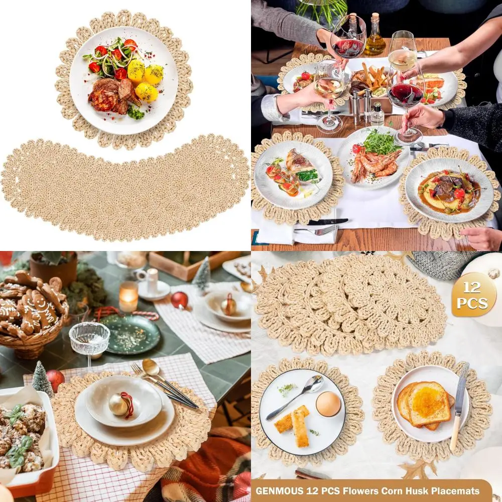 

Natural Braided Corn Husk Table Mats Set of 12, Bohemian Rattan Wicker Style Chargers for Home, Farmhouse, and Wedding Themed Ev