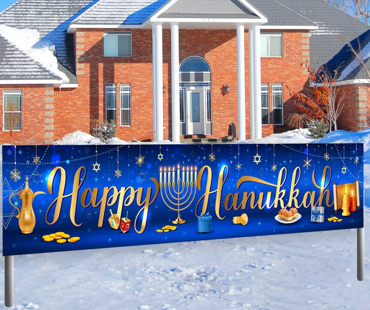 Happy Hanukkah Banner Chanukah Star of David Menorah Party Decorations for Home Outdoor Yard Sign Festive Decor Party Supplies