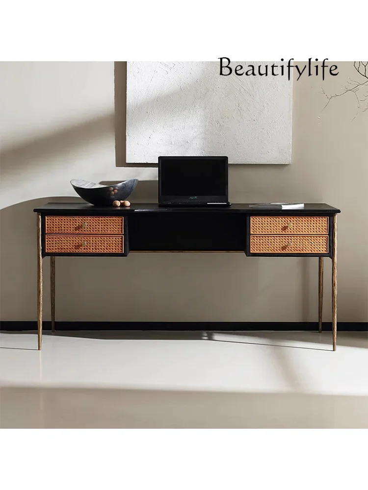 Nordic retro desk wabi style high-end desk antique design sense rattan wrought iron writing desk