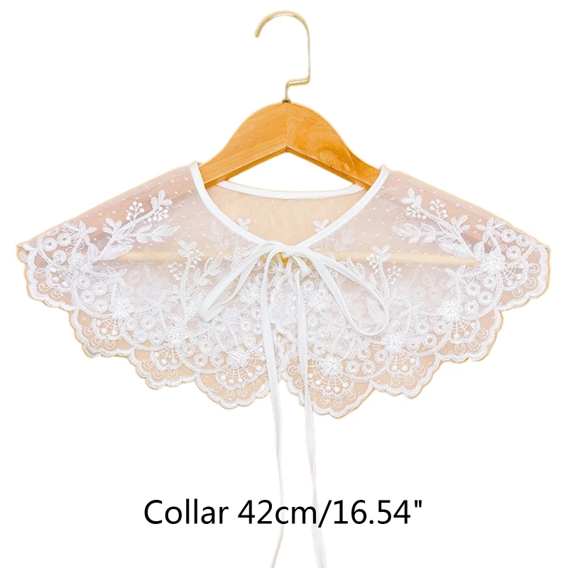 Chal cuello falso encaje Floral bordado dulce Vintage para mujer, chal malla transparente con adorno ondulado, lazo con