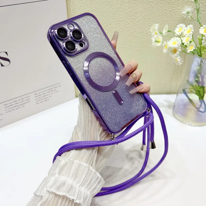 Magnetische Schutzhülle mit Trageriemen für Samsung S25 Ultra Galaxy S24 FE S21 S26 S22 S23 Plus A56 Kabellose Glitzer-Beschichtung Crossbody Lanyard Cover – Detail 17