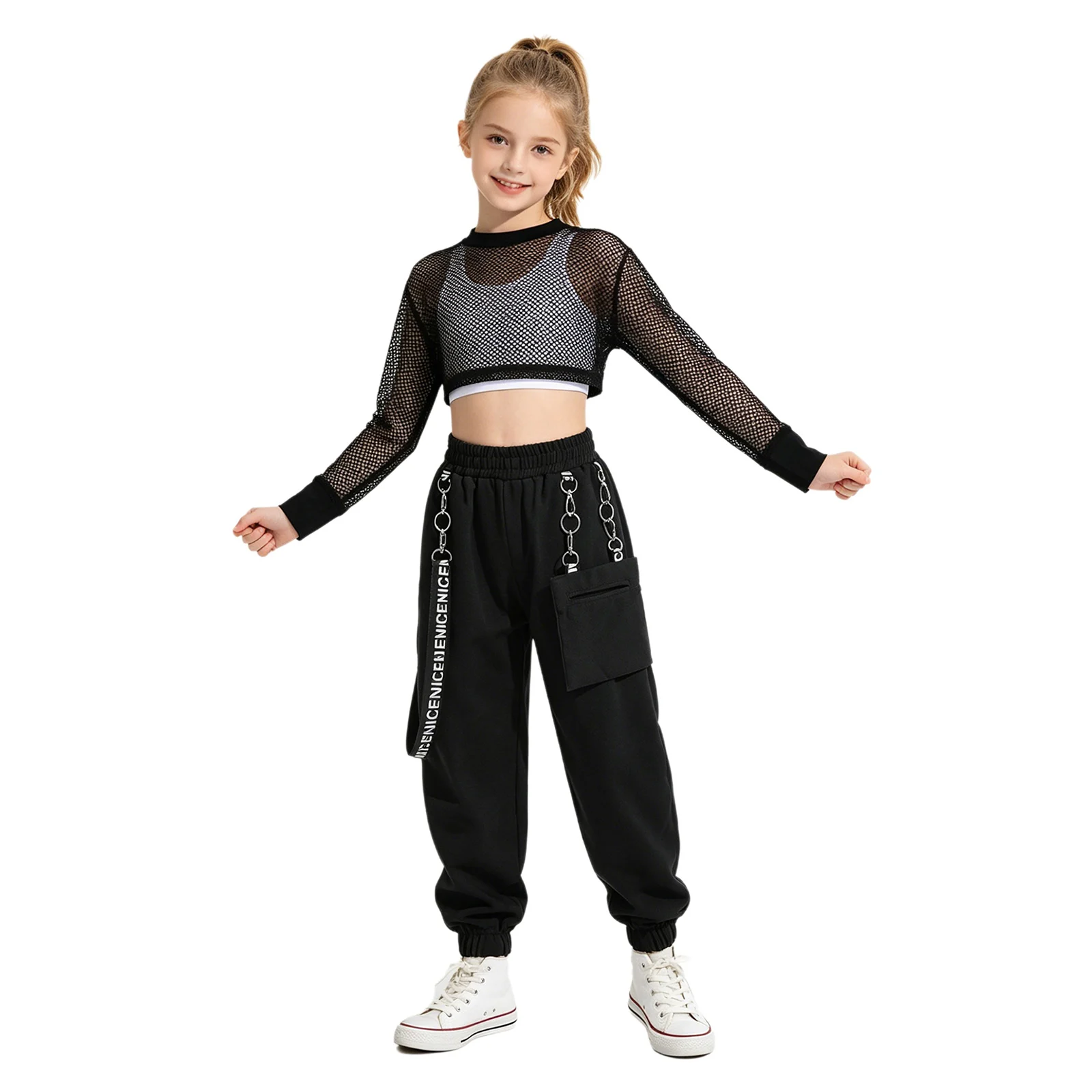 Kinder Mädchen Hip-Hop Jazz Tanz Performance Outfits: Rückenfreies Top mit Cargo-Hose und Mesh Langarm Crop Top Tanzkleidung – Detail 10