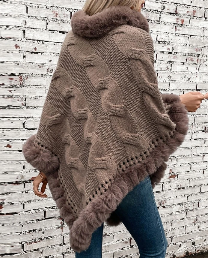 

Elegant High Neck Cloak Sleeve Fuzzy Detail Asymmetrical Hem Knit Cape Sweater 2025 Autumn Winter New Fashion Casual